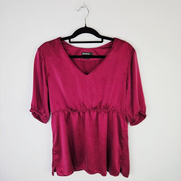 Eddie Bauer 100% Silk Blouse Top Women’s Large L Magenta Fuchsia V-Neck Peplum - Picture 1 of 10